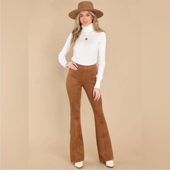 Spanx | Women’s Faux Suede Flare Pant Rich Caramel Tan Velvet Wide Leg High Rise - Picture 1 of 12